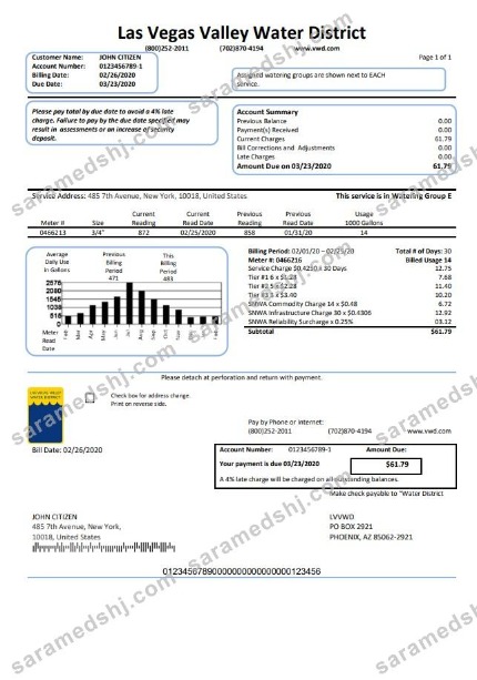 USA Las Vegas Valley Water District (LVVWD) utility bill template in Word and PDF format